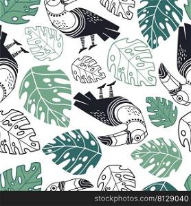 Seamless abstract tropical pattern with hand drawn plants and toucans in minimalism style. Vector background. Illustration of exotic plants. For cards, design, print, textile, wallpaper, bed linen. Seamless pattern abstract toucans with plants vector illustration