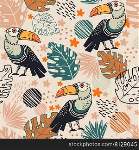 Seamless abstract tropical pattern with hand drawn plants and toucans in minimalism style. Vector background. Illustration of exotic plants and flowers. For cards, design, print, textile, wallpaper. Seamless pattern abstract plants and toucans vector illustration