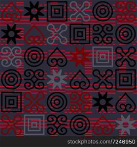 Seamless African Adinkra pattern. Hand stamp printing. National ritual black and white symbols.. Seamless African Adinkra pattern.