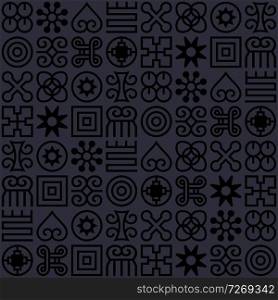 Seamless African Adinkra pattern. Hand stamp printing. National ritual black and white symbols.. Seamless African Adinkra pattern.