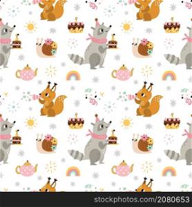 Seamless animals birthday pattern. Cute forest characters with kids party elements, racoon with cake, squirrel and pipe, funny snail. Decor textile, wrapping paper wallpaper, vector print or fabric. Seamless animals birthday pattern. Cute forest characters with kids party elements, racoon with cake, squirrel and pipe, funny snail. Decor textile, wrapping paper wallpaper, vector print