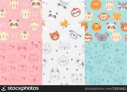 Seamless animals faces pattern. Cute animal heads, hand drawn zoo animals portraits patterns for kids vector illustration set. Seamless endless muzzle animals, raccoon and panda, tiger and giraffe. Seamless animals faces pattern. Cute animal heads, hand drawn zoo animals portraits patterns for kids vector illustration set