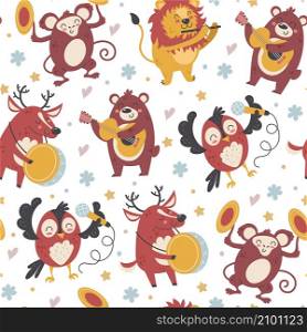 Seamless animals musicians. Funny musical orchestra characters. Cute forest inhabitants play various instruments. Jazz music band. Kids backdrop. Happy performers with drum or guitar. Vector pattern. Seamless animals musicians. Funny musical orchestra characters. Forest inhabitants play various instruments. Jazz music band. Kids backdrop. Performers with drum or guitar. Vector pattern