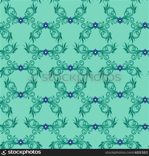 Seamless antique floral ornament in pale turquoise hues with blue flowers, vector as a fabric texture