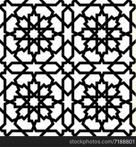 Seamless arabic geometric ornament based on traditional arabic art. Muslim mosaic. Turkish, Arabian tile on a white background.. Seamless arabic geometric ornament in black and white