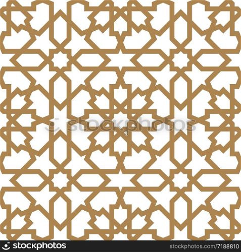 Seamless arabic geometric ornament based on traditional arabic art. Muslim mosaic. Turkish, Arabian tile on a white background made by netting. Seamless arabic geometric ornament in golden color.