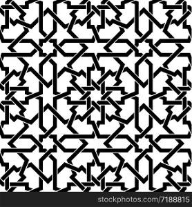 Seamless arabic geometric ornament based on traditional arabic art. Muslim mosaic. Turkish, Arabian tile on a white background made by netting. Seamless arabic geometric ornament in black and white