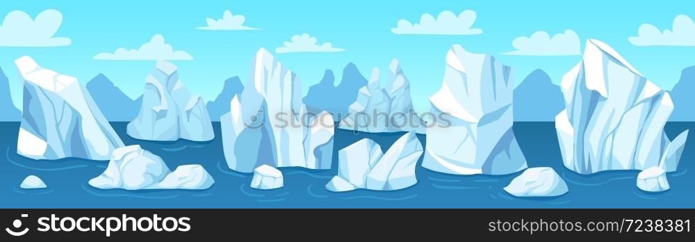 Seamless arctic landscape. Icebergs, snow mountains and hills antarctic drifting glacier, winter panorama, wallpaper vector illustration. Nature in north pole, ocean with melting ice cliff. Seamless arctic landscape. Icebergs, snow mountains and hills antarctic drifting glacier, winter panorama, wallpaper vector illustration