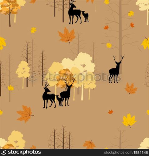 Seamless Autumn landscape with reindeer in forest, Pattern autumnal background with family deers with random orange and yellow leaves.Endless texture for Fall season