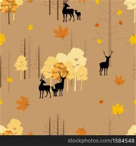 Seamless Autumn landscape with reindeer in forest, Pattern autumnal background with family deers with random orange and yellow leaves.Endless texture for Fall season