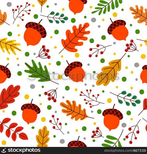 Seamless autumn leaves pattern. Fall season colors, fallen yellow leaf and autumnal acorns. Autumnal nature foliage wallpaper, fabric or wrapping vector illustration. Seamless autumn leaves pattern. Fall season colors, fallen yellow leaf and autumnal acorns vector illustration