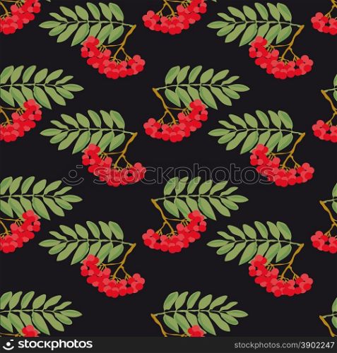 Seamless autumn pattern. A pattern made from the ripe berries of mountain ash and green leaves, on a black background.