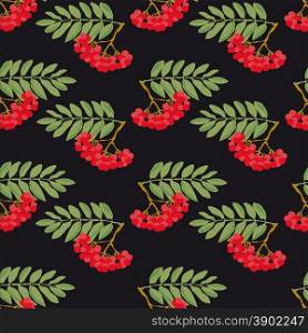 Seamless autumn pattern. A pattern made from the ripe berries of mountain ash and green leaves, on a black background.