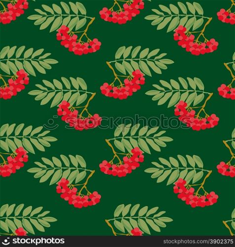 Seamless autumn pattern. A pattern made from the ripe berries of mountain ash and green leaves on a green background.