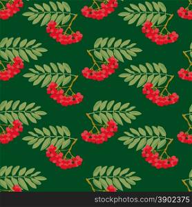 Seamless autumn pattern. A pattern made from the ripe berries of mountain ash and green leaves on a green background.