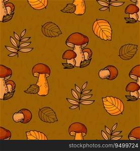 Seamless autumn pattern. Forest mushrooms on green background with colorful autumn leaves. Vector illustration 