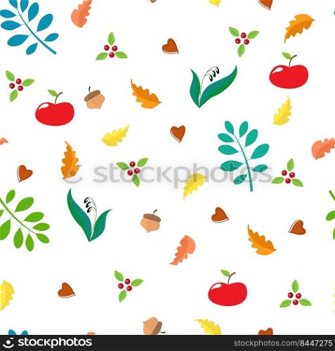 Seamless autumn pattern with oak leaves, apples, lingonberries, acorns, blue leaves. Vector illustration of EPS10