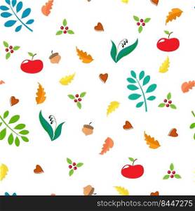 Seamless autumn pattern with oak leaves, apples, lingonberries, acorns, blue leaves. Vector illustration of EPS10