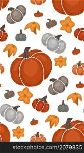 Seamless autumn pattern with various gray and orange pumpkins and yellow flowers on white background. Vector texture with flat hand drawn vegetables. Colorful wallpaper with garden harvest. Seamless autumn pattern with various gray and orange pumpkins and yellow flowers on white background. Vector texture with flat hand drawn vegetables. Colorful wallpaper
