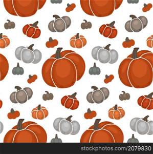 Seamless autumn pattern with various gray and orange pumpkins on white background. Vector texture with flat hand drawn vegetables. Wallpaper with garden harvest. Seamless autumn pattern with various gray and orange pumpkins on white background. Vector texture with flat hand drawn vegetables.