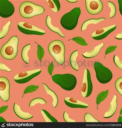 Seamless avocado pattern. Diet fruit, healthy natural food and ripe avocados vector illustration. Seamless pattern avocado, healthy and natural slice ripe, wallpaper green vegetable. Seamless avocado pattern. Diet fruit, healthy natural food and ripe avocados vector illustration