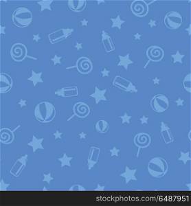 Seamless Baby and Pregnancy Pattern. Seamless baby and pregnancy blue pattern. Pattern with milk bottle, star shape, ball, candy. Blue baby background. Vector outline seamless pattern. Vector illustration in flat.