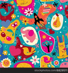Seamless baby pattern. Colorful funny wallpaper with toys. Cartoon style