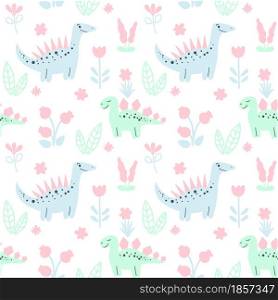 Seamless baby pattern with dinosaurs vector illustration. Background with cute animals, flowers and plants. Paste color template for wallpaper, nursery, textiles and packaging.. Seamless baby pattern with dinosaurs vector illustration.
