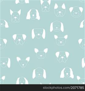 Seamless baby pattern with dog animal muzzles. Monochrome on a colored background. Creative childish background. Perfect for kids design, fabric, packaging, wallpaper, textiles, apparel. Seamless baby pattern with dog animal muzzles. Monochrome on a colored background.