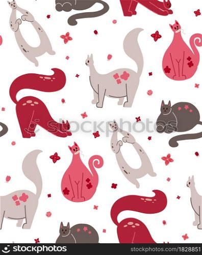 Seamless baby pattern with fat pink cats and flowers on a white background. Texture with cute kittens. Vector animalistic wallpaper with floral pattern. Fabric for nursery. Seamless baby pattern with fat pink cats and flowers on a white background. Texture with cute kittens. Vector animalistic wallpaper with floral pattern