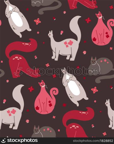 Seamless baby pattern with fat pink cats and flowers on brown background. Texture with cute kittens. Vector animalistic wallpaper with floral pattern. Fabric for nursery. Seamless baby pattern with fat pink cats and flowers on brown background. Texture with cute kittens. Vector animalistic wallpaper with floral pattern