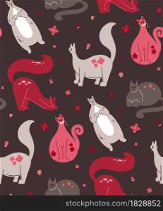 Seamless baby pattern with fat pink cats and flowers on brown background. Texture with cute kittens. Vector animalistic wallpaper with floral pattern. Fabric for nursery. Seamless baby pattern with fat pink cats and flowers on brown background. Texture with cute kittens. Vector animalistic wallpaper with floral pattern