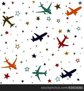 Seamless baby pattern with flying planes and stars