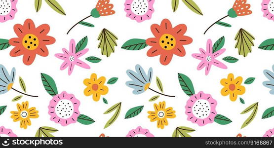 Seamless background childish floral pattern with hand drawn flowers. Baby wallpaper for kids room with bright simple flowers. Flat vector illustration.