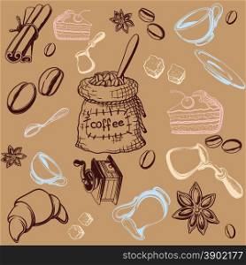 Seamless background is on the topic of coffee and coffee accessories on beige background