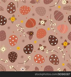 seamless background of Easter eggs and flowers and pussy willow. pattern of Easter eggs and flowers and pussy willow