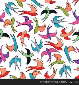 Seamless background of flying swallows for nature theme or scrapbook page backdrop design usage with pattern of flock of colorful birds with long slender tails. Flying swallows seamless pattern background