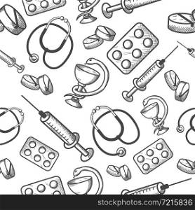 Seamless background of medical items of phonendoscope pills and syringe isolated vector illustration