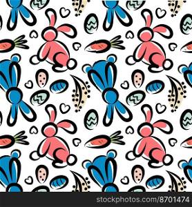 seamless background of rabbits and eggs and carrots for Easter holiday on white background. Pattern with bunnies and carrots for Easter