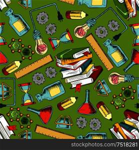 Seamless background of school supplies and laboratory equipment with pattern of book, pencil, ruler, idea light bulb, mechanical gear, hourglass, gas burner, flask and chemical structure of molecule. School supplies seamless pattern background