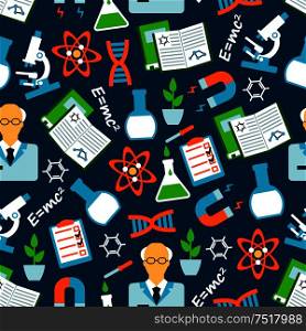 Seamless background of science research and education with flat pattern of scientists, books and microscopes, laboratory flasks and plants, physical and chemical formulas and models of DNA and atom, experiment results and magnets. Physical and chemical research seamless pattern