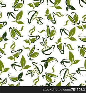 Seamless background of wholesome herbal tea beverages for kitchen interior design with abstract pattern of floral cups made up of green leaves and sprouts. Tea cups with leaves seamless pattern background