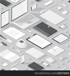 Seamless background pattern for business. Stationery office objects and computer devices. Vector illustration.