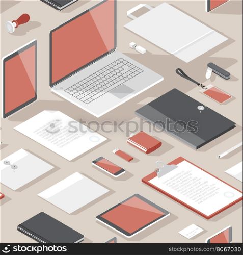 Seamless background pattern for business. Stationery office objects and computer devices. Vector illustration.