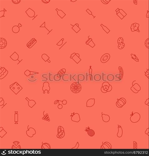 Seamless background pattern for food and drinks made of thin line icons. Vector illustration.