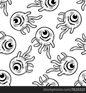 Seamless background pattern of a black and white doodle sketch of a happy one eyed monster with tentacles
