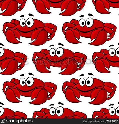 Seamless background pattern of a cute happy red crab with big pincers or claws in square format. Seamless pattern of a cute happy red crab