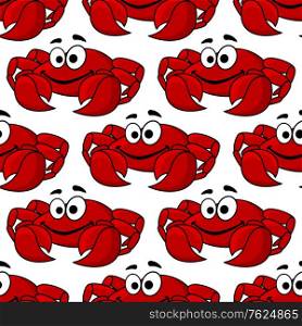 Seamless background pattern of a cute happy red crab with big pincers or claws in square format. Seamless pattern of a cute happy red crab