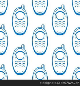 Seamless background pattern of a retro mobile phone with a protruding antenna in a repeat doodle sketch motif in square format. Seamless pattern of a retro mobile phone