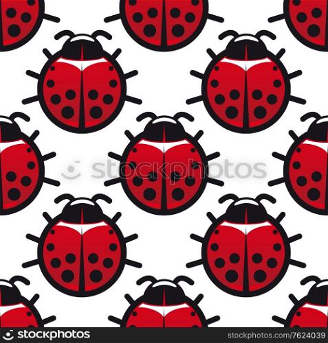 Seamless background pattern of cartoon red and black spotted ladybugs or ladybirds in square format. Seamless background pattern of ladybugs